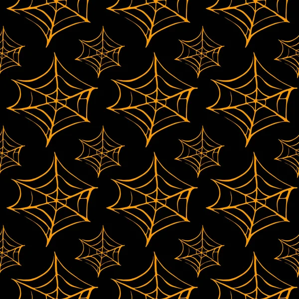 Tela de araña patrón dibujado a mano sin costura. Fondo blanco naranja negro. Textura Halloween —  Fotos de Stock