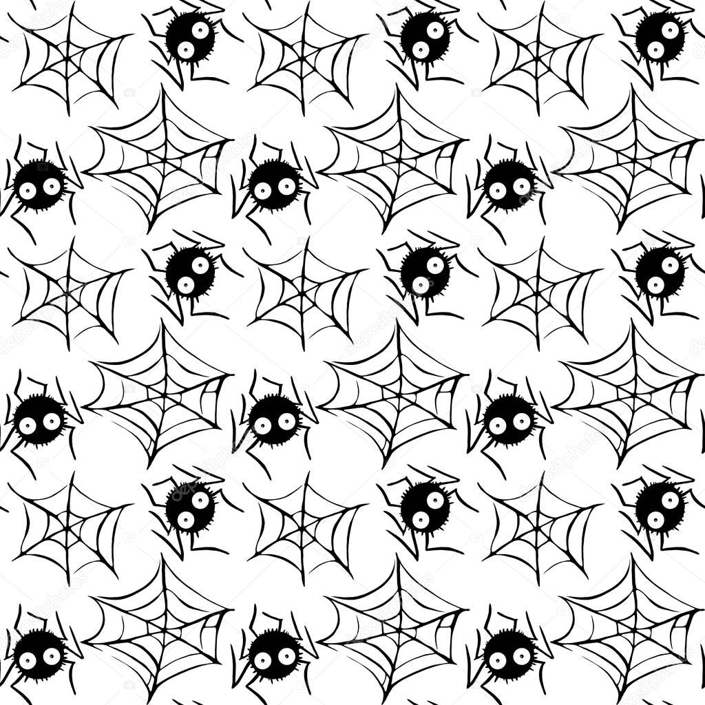 Spider web seamless hand drawn pattern. White black orange background. Halloween texture