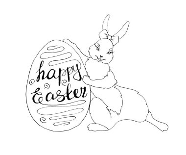 Sevimli, yumurta şekilli Paskalya Tavşanı. Erkek ve dişi tavşanların çizimi. Paskalya karakterleri ve arkaplanlar
