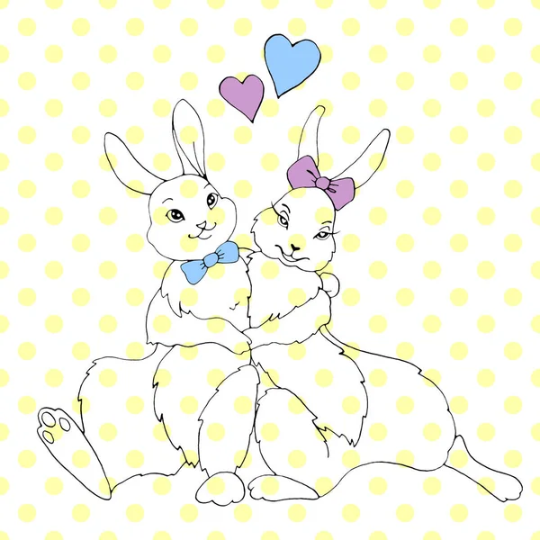 Cute hugging happy bunnies, rabbits, hares on background of polka dots. Seamless pattern. Contour illustration for Valentine's Day, Easter, coloring book, postcard, web. Outline hand drawn