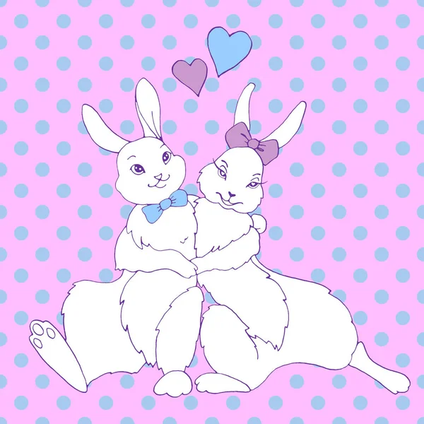 Cute hugging happy bunnies, rabbits, hares on background of polka dots. Seamless pattern. Contour illustration for Valentine's Day, Easter, coloring book, postcard, web. Outline hand drawn
