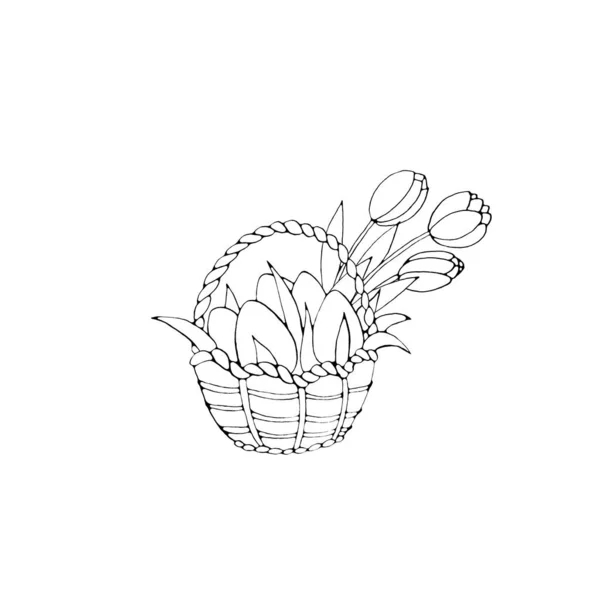 Joyeux Pâques. Panier avec œufs et fleurs de tulipes. Elément design pour le printemps, vacances, livre de coloriage, carte de vœux — Photo