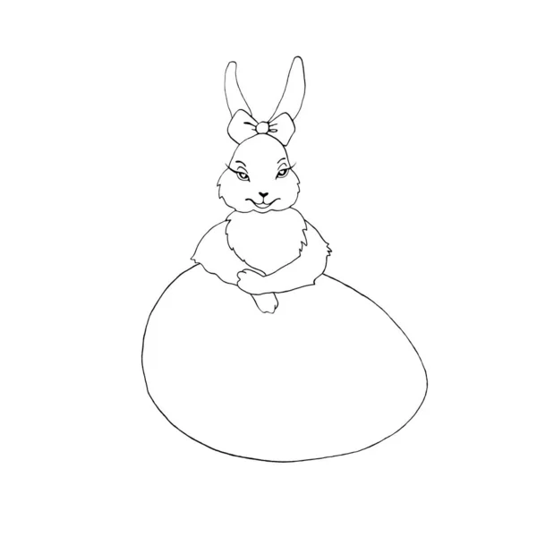 Симпатичный контур Пасхальный кролик с яйцевидной рамой. Парная иллюстрация мальчиков и девочек-кроликов. Пасхальные персонажи и фон — стоковое фото