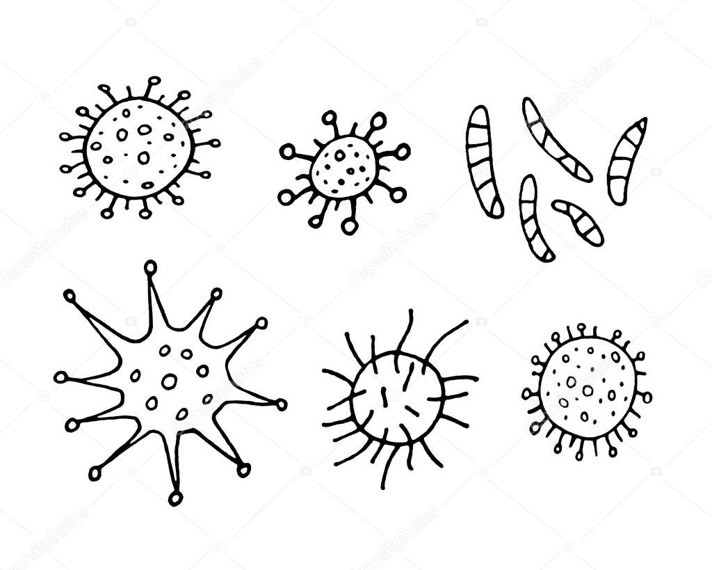 Virus icon set. The Molecule viral bacteria infection. Coronavirus. Flu laboratory infection test. Contour doodle outline hand drawn