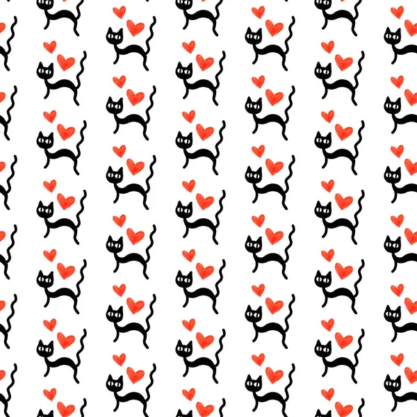 Cute seamless pattern with hearts and cats. Romantic texture for backgrounds, wrapping paper, packaging, greeting cards, prints, covers, fabric, textile, birthday, Valentine's Day — Stock Photo, Image