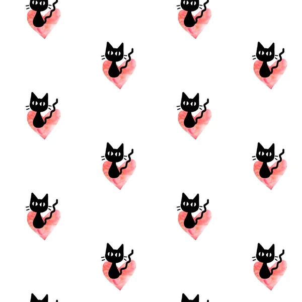 Cute seamless pattern with hearts and cats. Romantic texture for backgrounds, wrapping paper, packaging, greeting cards, prints, covers, fabric, textile, birthday, Valentine\'s Day