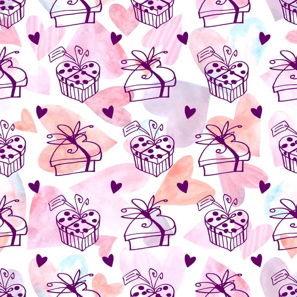 Seamless pattern with gift boxes and hearts. Cute hand drawn doodles. Concept for wrapping paper, greeting cards, xmas, packaging, wedding, birthday, fabric, Valentines Day, mothers Day — 스톡 사진