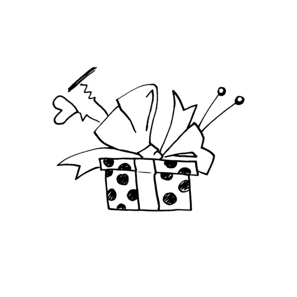 Regalo, scatola regalo. Doodles, line art, disegnato a mano. Per Natale, anno nuovo, compleanno, San Valentino, matrimonio, vacanze — Foto Stock