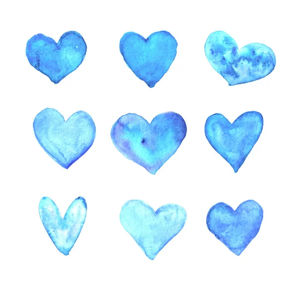 Set of blue watercolor hearts. Perfect for creating romantic postcards, backgrounds and Valentines Day decor. Hand drawn — Stock Photo, Image