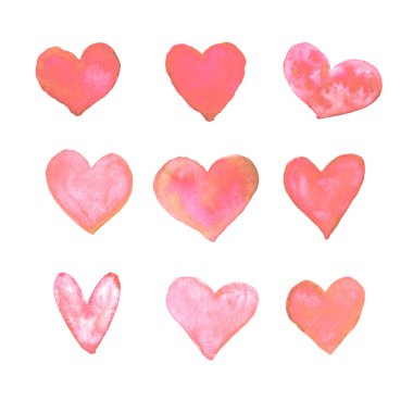 Kırmızı suluboya kalpler. Romantik kartpostallar, özgeçmiş ve sevgililer günü dekorasyonu için mükemmel. El çizimi