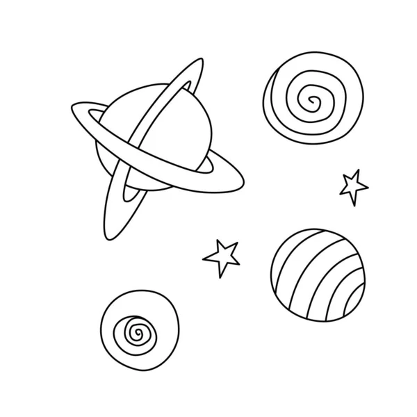 Planeten, donkere gaten, sterren, satellieten, ruimte-objecten. Design element, icoon op het thema van kosmos, Ufo. Doodle vector illustratie — Stockvector