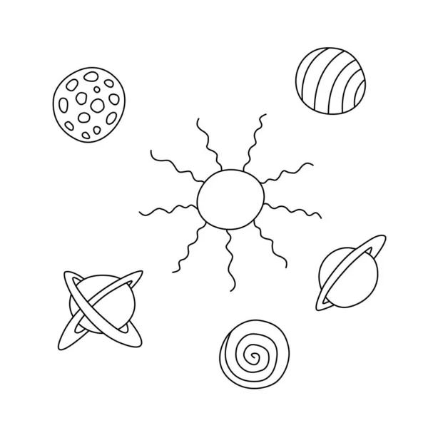 Planeten, donkere gaten, sterren, satellieten, ruimte-objecten. Design element, icoon op het thema van kosmos, Ufo. Doodle vector illustratie — Stockvector