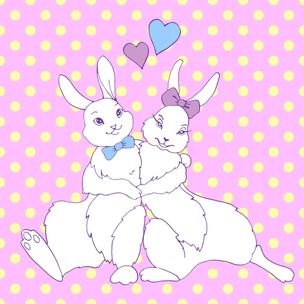 Słodkie przytulanie szczęśliwe króliczki, króliki, zające na tle kropek polki. Płynny wzór. Ilustracja konturu na Walentynki, Wielkanoc, kolorowanki, pocztówka, sieć. Rysunki dłoni — Zdjęcie stockowe