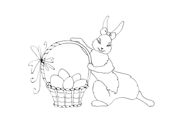 Cute contoured Easter Bunny girl dengan keranjang besar telur. Garis luar buku pewarnaan gambar tangan — Stok Foto