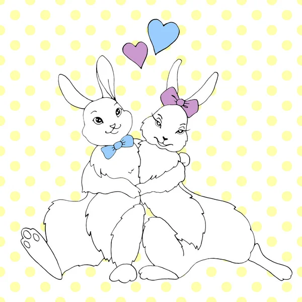 Cute hugging happy bunnies, rabbits, hares on background of polka dots. Seamless pattern. Contour illustration for Valentine\'s Day, Easter, coloring book, postcard, web. Outline hand drawn.
