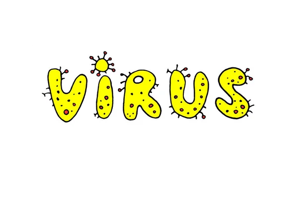 Coronavirus Virus Lettres Jaunes Tête Lettrage Gribouillage Manuscrit — Photo