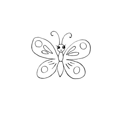Çizgi film tarzında çizilmiş eli olan sevimli kelebek. Bahar, yaz ve kartpostallar için basit tasarım elementleri. Çocuklar için yaratıcılık şablonu, anaokulu eğitimi.