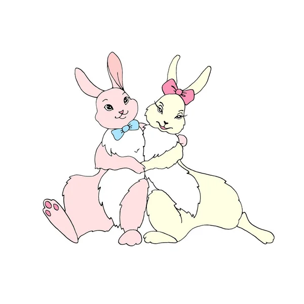 Cute Hugging Rabbits Hares Symbol Love Romance Illustration Valentine Day — Stock Photo, Image