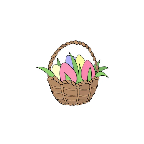 复活节快乐简单的颜色篮子 有鸡蛋和郁金香花 贺卡的设计元素 — 图库照片