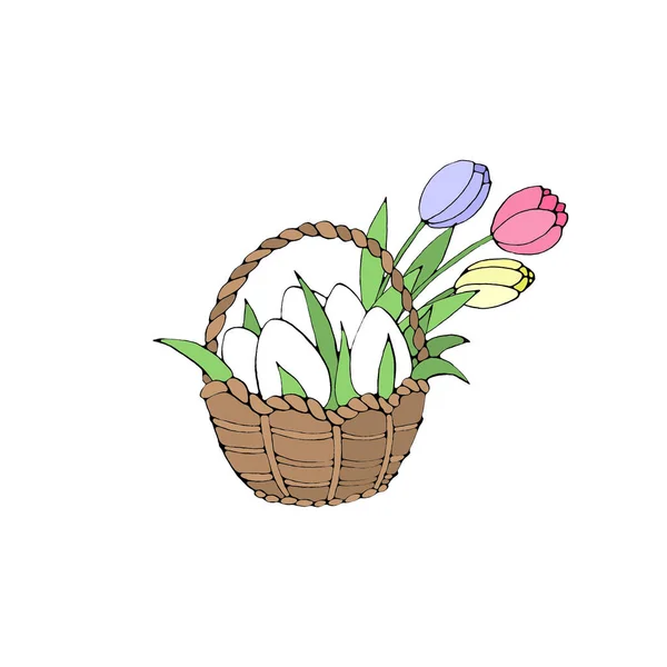 Frohe Ostern Einfache Farbe Korb Mit Eiern Und Tulpenblüten Gestaltungselement — Stockfoto