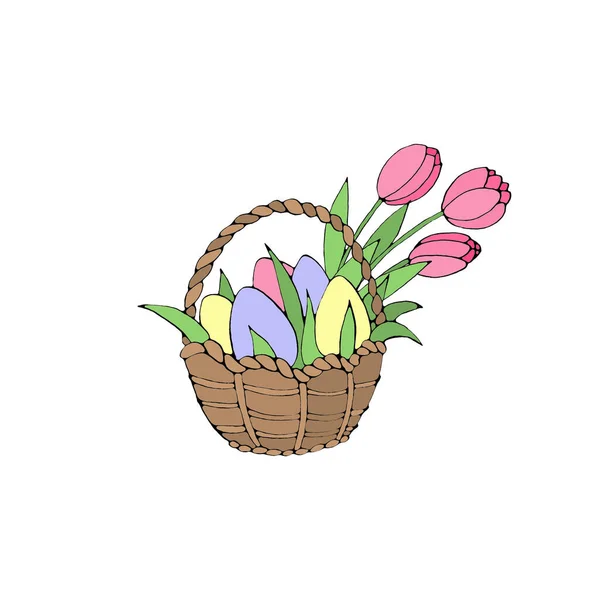 Selamat Paskah Keranjang Berwarna Sederhana Dengan Telur Dan Bunga Tulip — Stok Foto