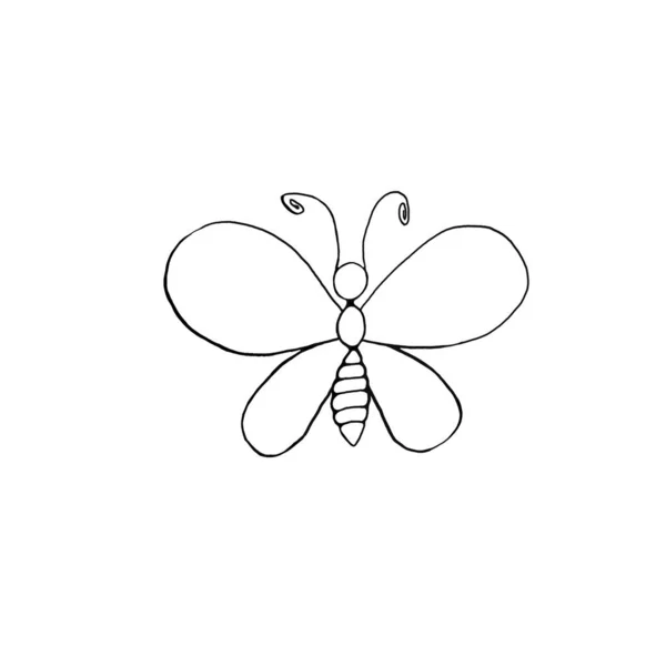 漫画風の落書きに描かれたかわいい蝶の手を輪郭 はがきのシンプルなアウトラインデザイン要素 子供のための創造性のためのテンプレート 就学前教育 — ストック写真