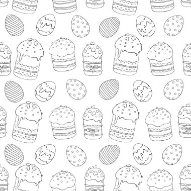 Paskalya pastalı kusursuz desenli yumurta. Ambalaj kağıdı, duvar kağıdı, ambalaj, kumaş. El Çizimi illüstrasyonu.