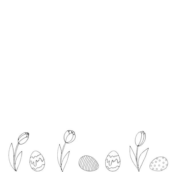 Пасхальный Весенний Фон Растущими Контурными Цветами Тюльпанов Яиц Нижнем Краю — стоковое фото