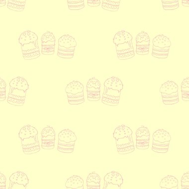 Kusursuz desen. Paskalya pastası, tatlı ekmek ya da Paska. Yumuşak Bahar Festivali arka planı ve geleneksel geleneksel ortodoks yemekleri karalama tarzında. El Çizimi illüstrasyonu.