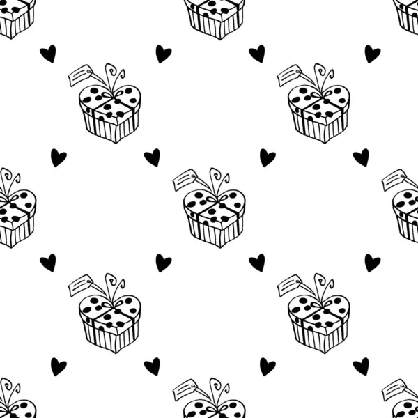 Seamless Pattern Gift Boxes Hearts Cute Hand Drawn Doodles Concept — 스톡 사진