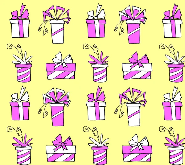 Seamless Pattern Gift Boxes Bows Ribbons Cute Hand Drawn Doodles — 스톡 사진