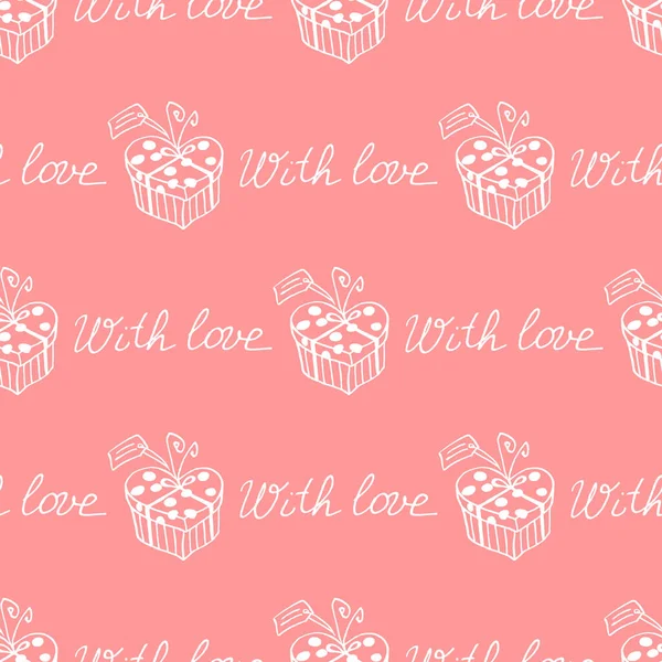 ギフトボックスと心でシームレスなパターン かわいい手描きのドドル 包装紙 グリーティングカード クリスマス 結婚式 誕生日 ファブリック バレンタインデー 母の日のための概念 — ストック写真