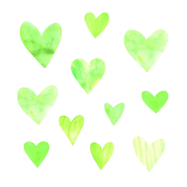 Set Green Watercolor Hearts Perfect Creating Romantic Postcards Valentines Day — Stock Photo, Image