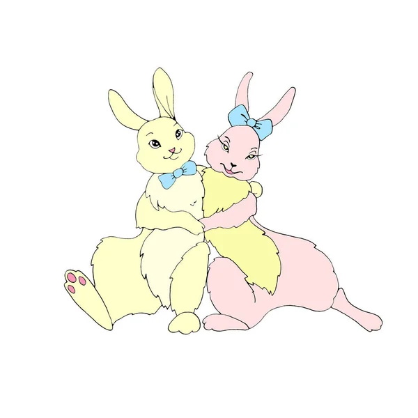 Cute Hugging Rabbits Hares Symbol Love Romance Illustration Valentine Day — Stock Photo, Image