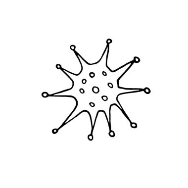 Virüs simgesi. Molekül viral bakteri enfeksiyonu. Coronavirus. Grip laboratuarı enfeksiyon testi. Contour doodle outline monokrom vektör el çizimi.