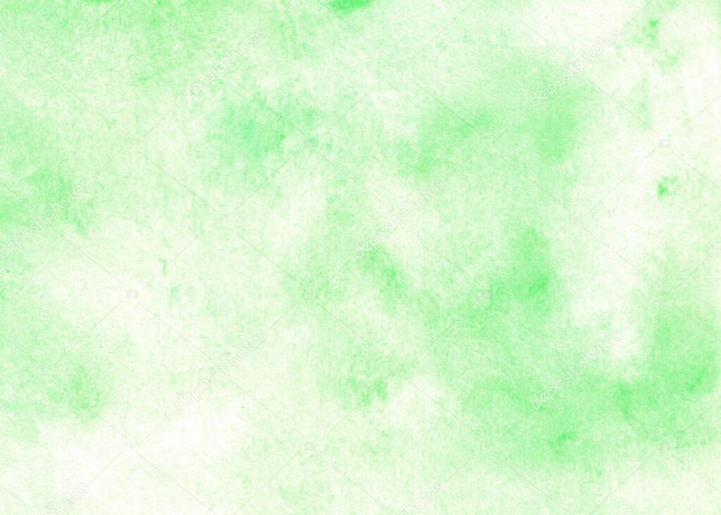 Green abstract macro watercolor hand drawn paper texture. Wet brush painted smudges and stains background. Decorative design card for banner, print, decor, template.