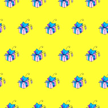 Hediye kutularıyla kusursuz desen. Şenlikli arka planlar ve dokular. Tebrik kartları, ambalaj kağıtları, baskılar, doğum günü, paskalya, sevgililer günü, Noel, tatiller.