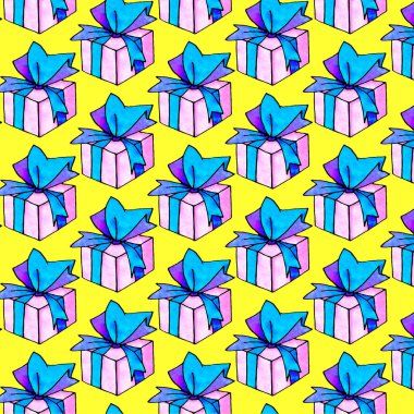 Hediye kutularıyla kusursuz desen. Şenlikli arka planlar ve dokular. Tebrik kartları, ambalaj kağıtları, baskılar, doğum günü, paskalya, sevgililer günü, Noel, tatiller.