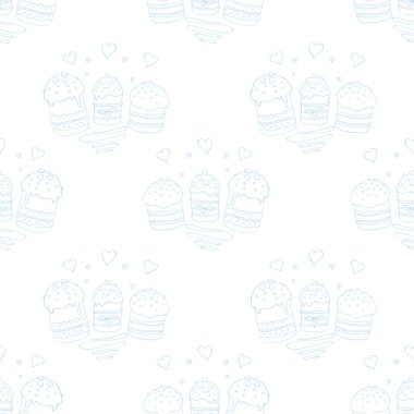 Kusursuz desen. Paskalya pastası, tatlı ekmek ya da Paska. Yumuşak Bahar Festivali arka planı ve geleneksel geleneksel ortodoks yemekleri karalama tarzında. El Çizimi illüstrasyonu.