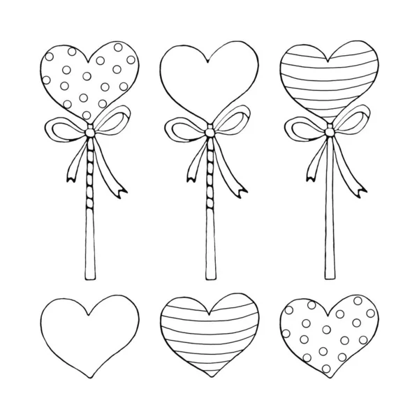 Kurdeleli Contour Heart Shaped Lolipop Candy seti. Boyama sayfası, Sevgililer Günü, Paskalya, tatil klipleri sanat öğesi. El çizimi, taslak, siyah beyaz, basit illüstrasyon.