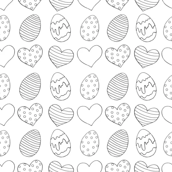 Płynny Wzór Wielkanocny Ozdobnymi Jajami Sercami Ręcznie Rysowane Tło Wakacyjne — Zdjęcie stockowe
