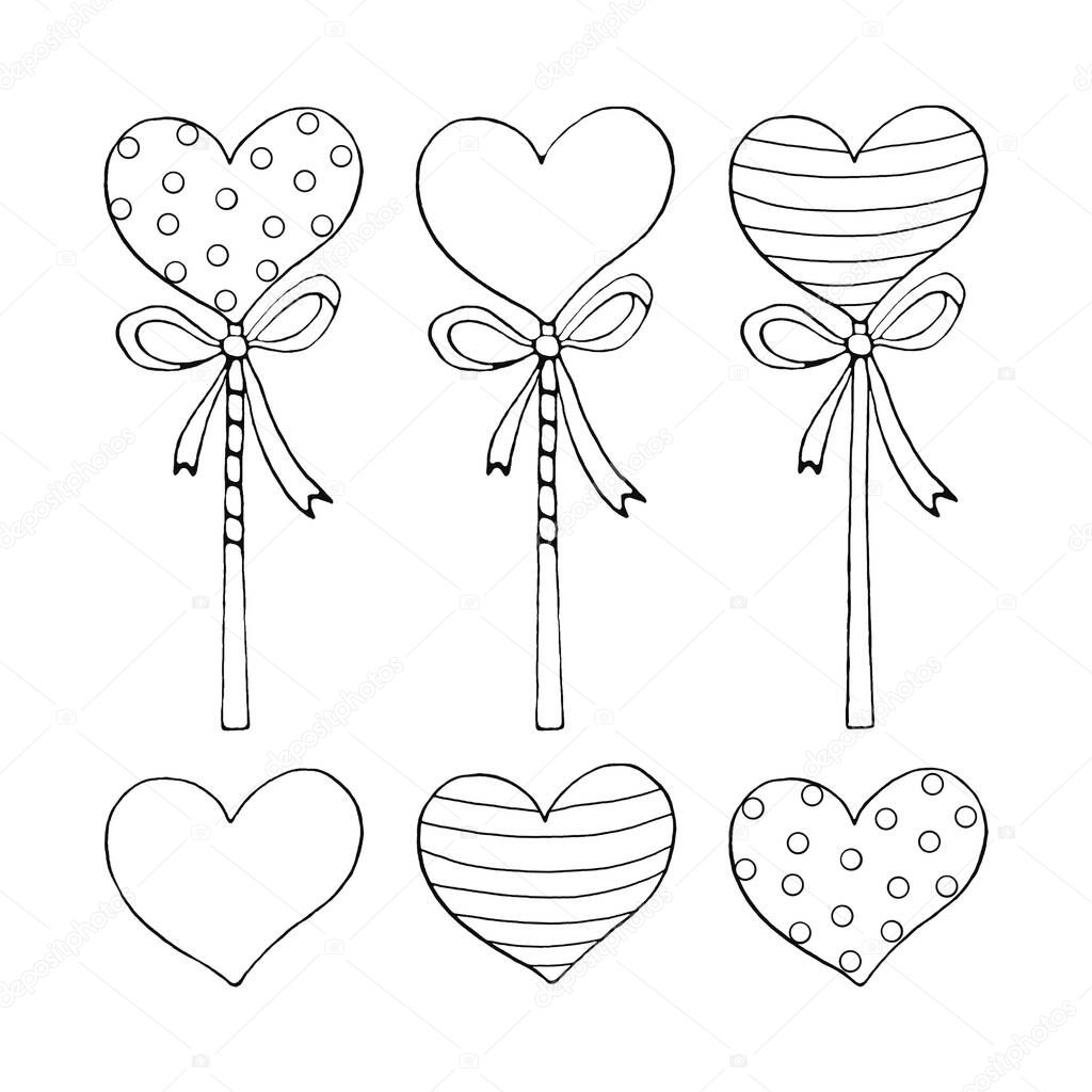 Set of Contour Heart Shaped Lollipop Candy with ribbon. Coloring page, Valentine's Day, Easter, holidays clip art element. Hand drawn, outline, black and white, simple illustration.