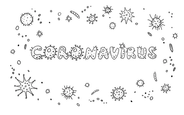 Ιός Του Coronavirus Περίγραμμα Περίγραμμα Γράμματα Ζωγραφιές Χειρόγραφες Ασπρόμαυρες — Φωτογραφία Αρχείου