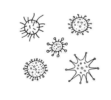 Vektör virüs simgesi ayarlandı. Molekül viral bakteri enfeksiyonu. Coronavirus. Grip laboratuarı enfeksiyon testi. Contour doodle ana hatlarını çizdi.
