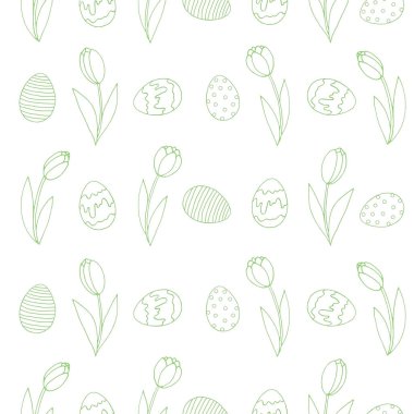Büyüyen hatları olan kusursuz desenli çiçekler, laleler, yumurtalar, düğmeler. Paskalya baharı. Ambalaj kağıdı, duvar kağıdı, ambalaj, kumaş. El çizimi çizimi illüstrasyonu.