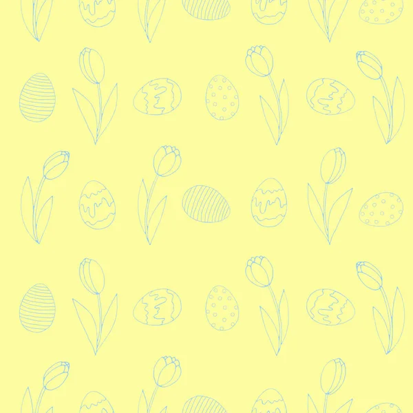 Бесшовный Узор Растущим Контуром Цветов Тюльпаны Яйца Кнопки Пасхальный Весенний — стоковое фото