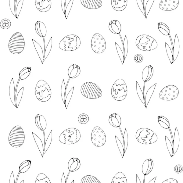 Seamless Pattern Growing Contour Flowers Tulips Eggs Buttons Easter Spring — Stock Photo, Image