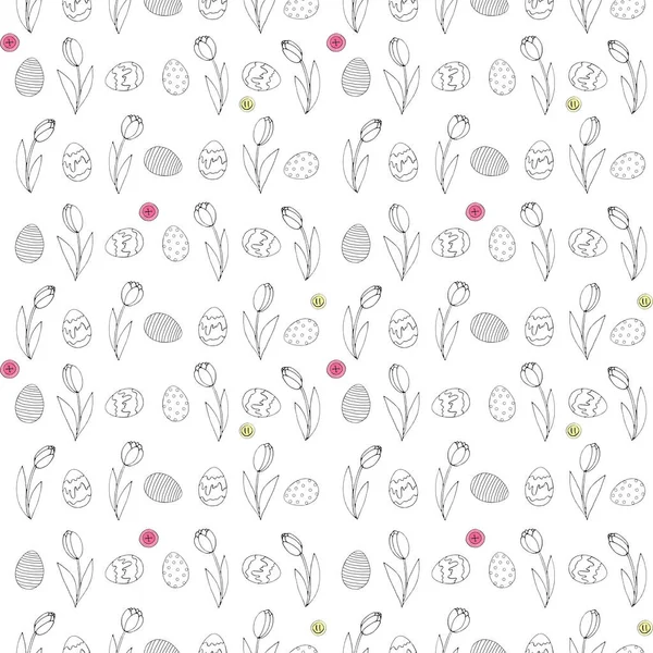 Seamless Pattern Growing Contour Flowers Tulips Eggs Buttons Easter Spring — Stock Photo, Image