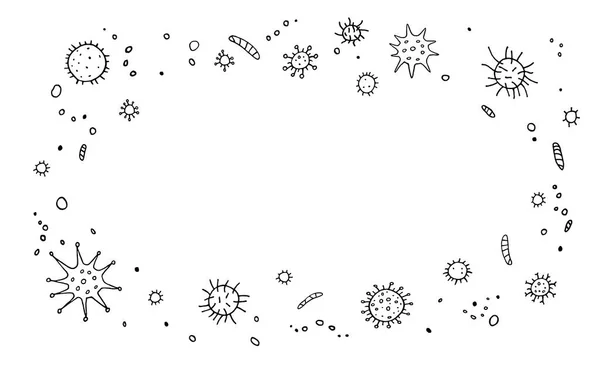 Arkaplan, Virüs ile çerçeve. Molekül viral bakteri enfeksiyonu. Coronavirus. Contour doodle ana hatlarını çizdi.