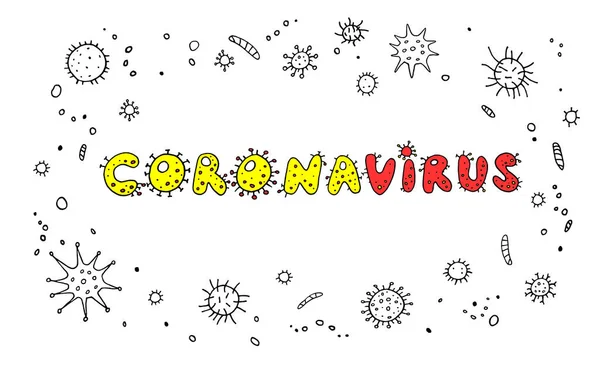 Coronavirus病毒彩色字母涂鸦手写手绘 带有分子病毒感染的背景 — 图库照片